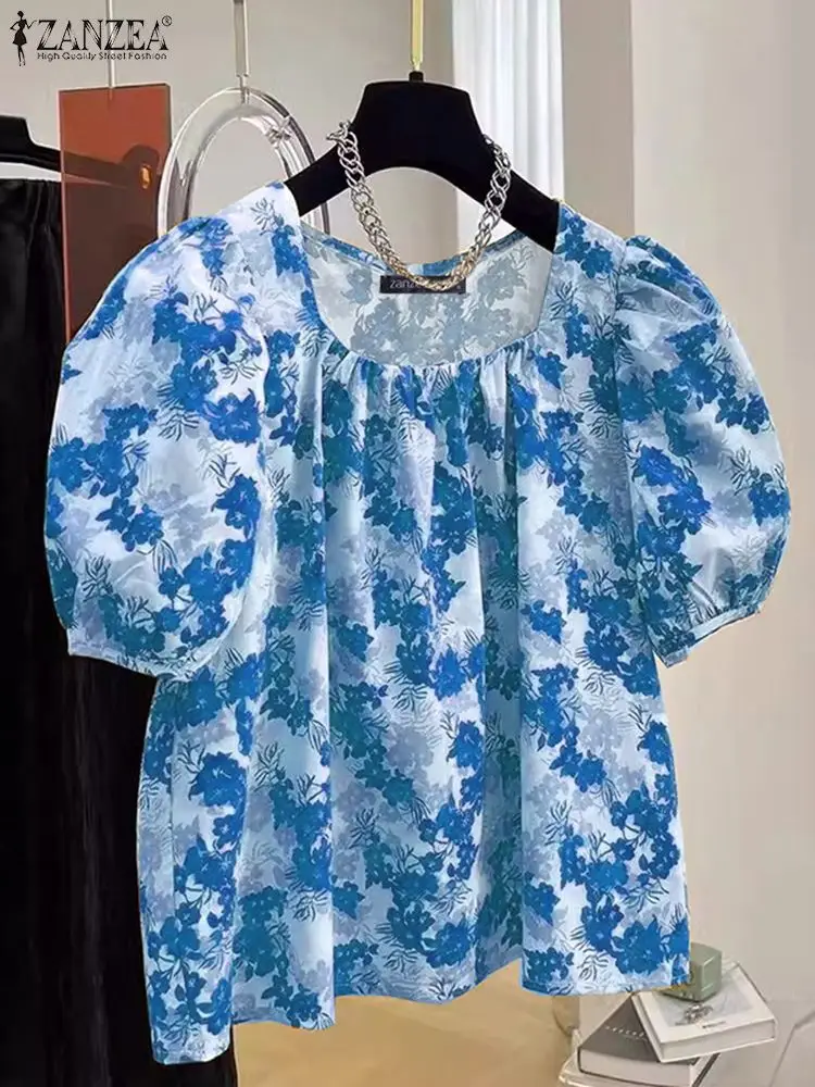 

Праздничная свободная плиссированная Туника ZANZEA, корейская модная блузка с пышными короткими рукавами, женские топы 2024, летние милые рубашки с цветочным принтом