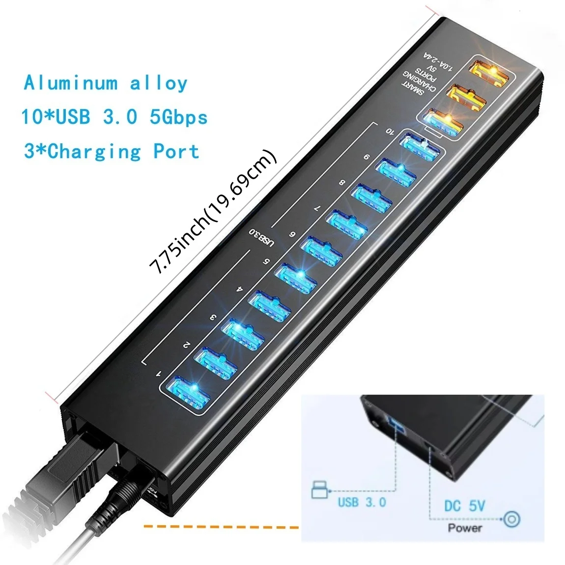 Ultra-Fast Aluminum USB 3.0 Hub with LED Light and Power Adapter
