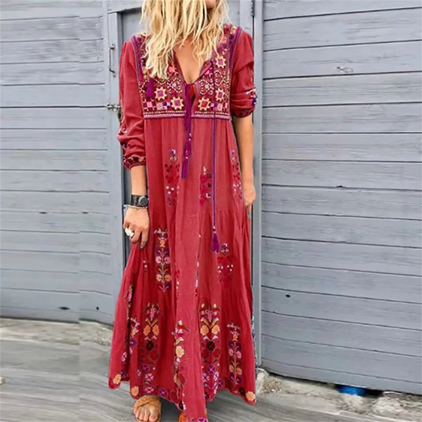 thumbnail image 1 of Vestido estampado de estilo étnico para mujer, vestido de primavera y verano con escote en V y cordones, estilo bohemio, para playa, vacaciones, vestido largo informal holgado de talla grande, 1 of 4