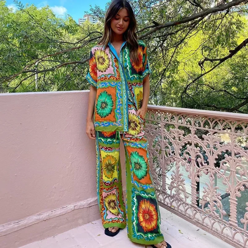 New Two Piece Casual Set Womens Summer Print Shirt with Wide Leg Pants for Beach Holiday