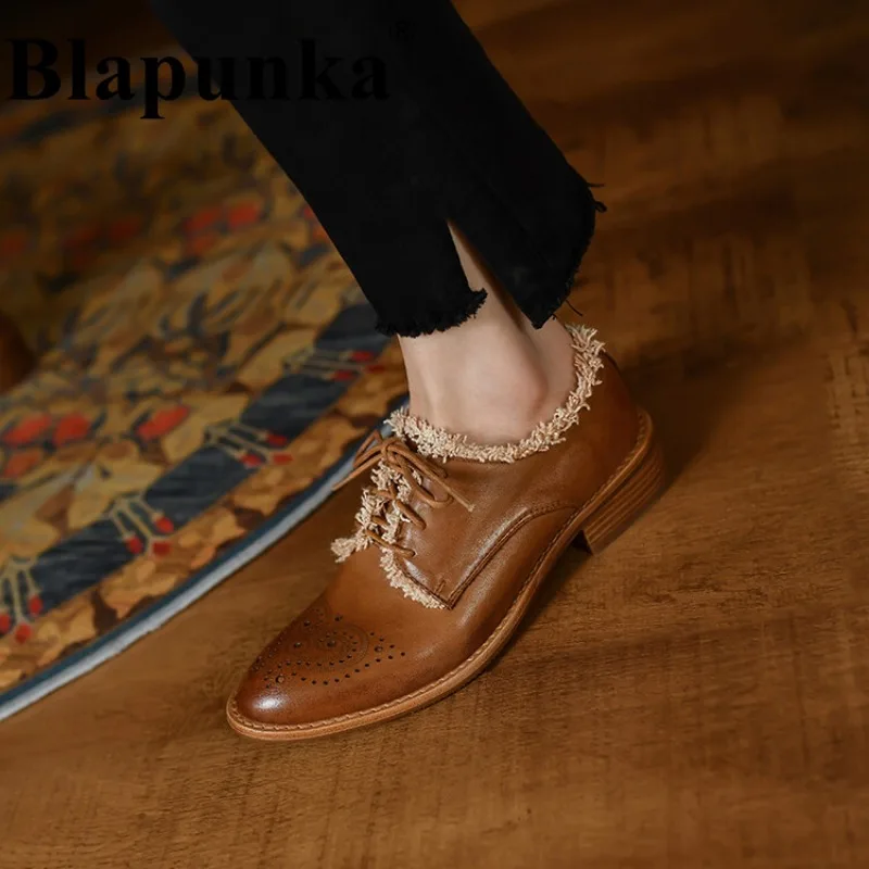 

Blapunka Genuine Leather Brogues Shoes Women Autumn Spring Brock Carved Shoes Lace-up Round Toe Ladies Handmade Oxfords Footwear