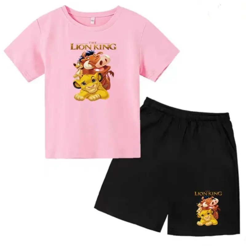 thumbnail image 1 of Conjunto de 2 piezas de camiseta y pantalones cortos con estampado de El Rey León Simba para niños y adolescentes, ropa informal de manga corta, traje de moda, 1 of 5