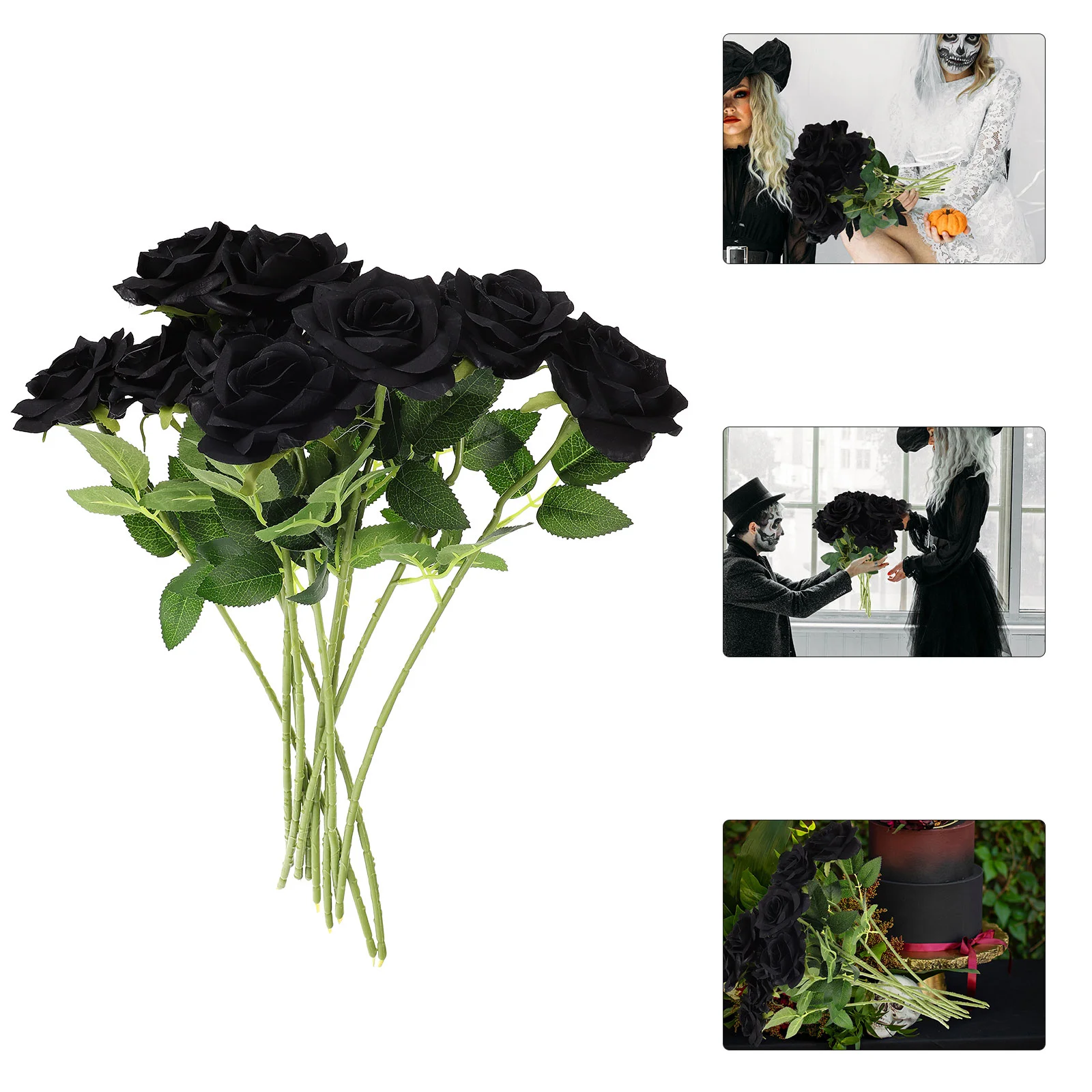 

10 Pcs Simulation Black Rose Fake Bouquet Wedding Decorations Halloween Flower Silk Artificial Bride Roses
