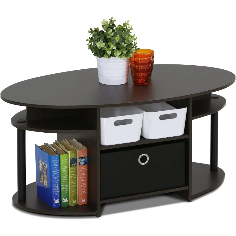 Simple Design Oval Coffee Table with Bin for Living Room, Walnut, Café Tables 4