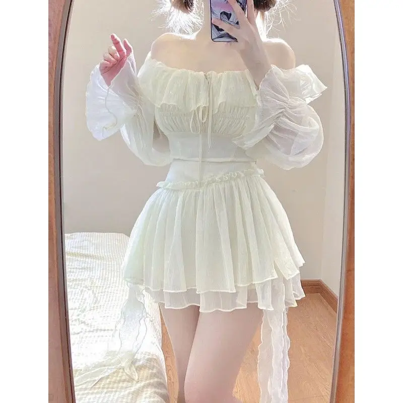 

Pure Desire Style Hot Girl Sweet Cool Design Sense Ruffled Tied Top High Waist Irregular Skirt Suit Tide