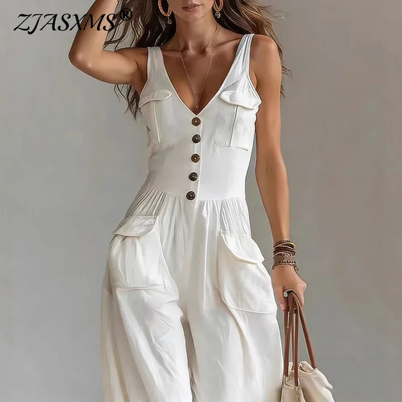 Sexy V Neck Button Wide Leg Jumpsuit Elegant Solid High Waist Woman Romper 2026 Spring Summer Sleeveless Vacation Beach Overalls