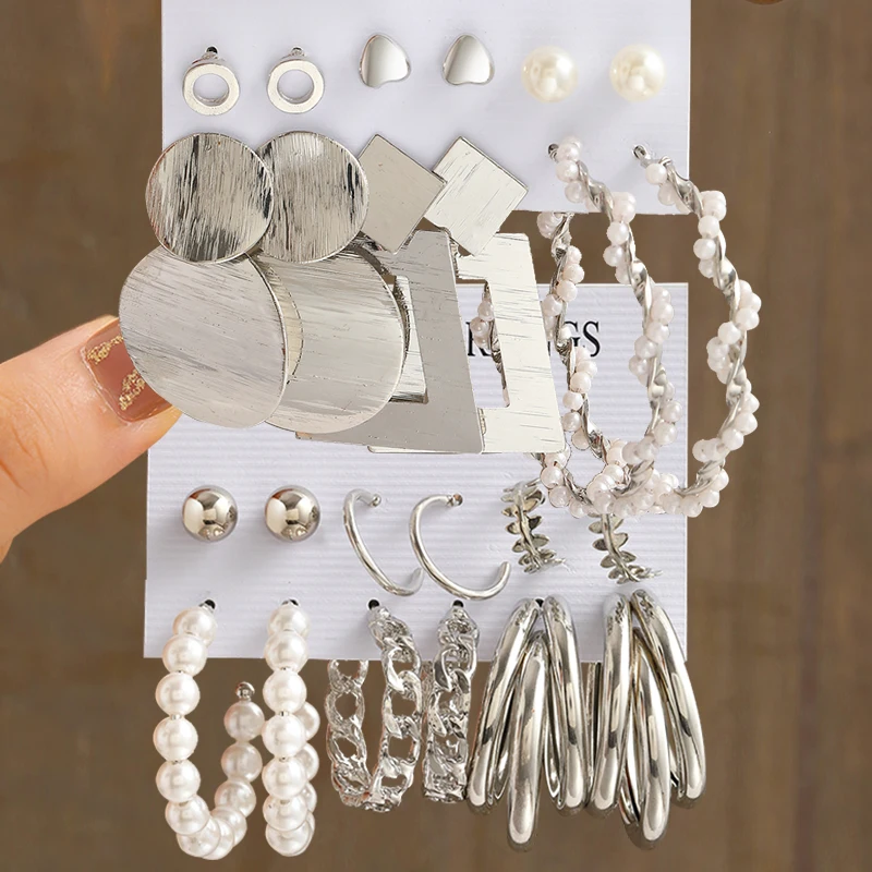 17KM Silver Color Metal Twist Dangle Earrings Set Pearl Hollow Earrings for Women Fashion Geometric Hoop Trendy Jewelry dangle earrings hoop earrings pearl earrings geometric earrings silver jewelry