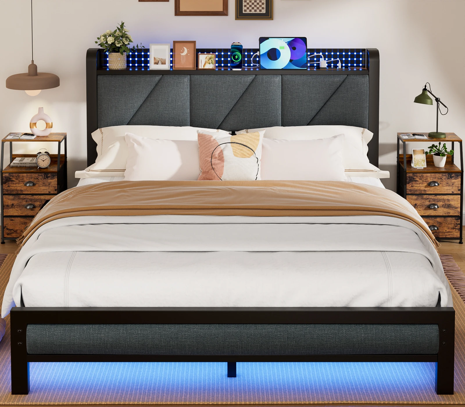 Full/Queen Bed Frame with Charging Station and LED Lights,USB Charging Station Headboard Upholstered Queen Size Metal bedstead 2