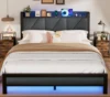 Full/Queen Bed Frame with Charging Station and LED Lights,USB Charging Station Headboard Upholstered Queen Size Metal bedstead 2