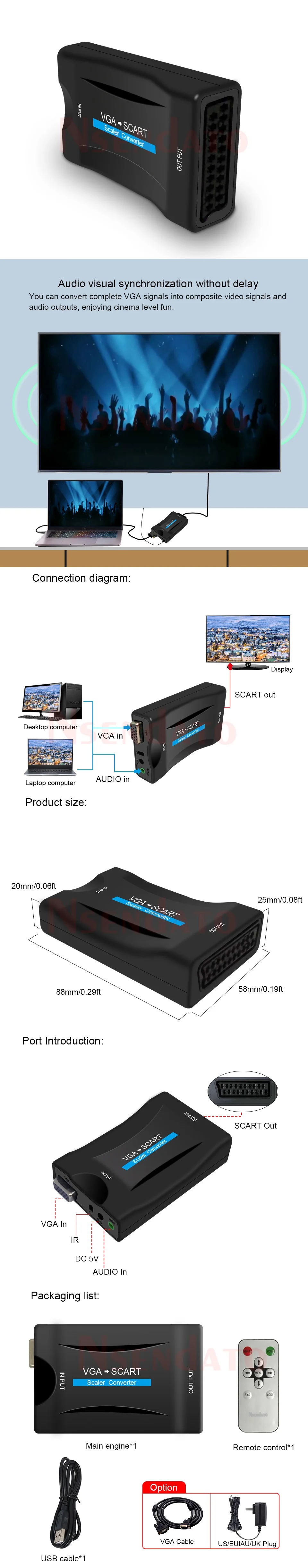 1080P VGA To Scart AV Signal Converter Adapter with Remote Control Supports NTSC