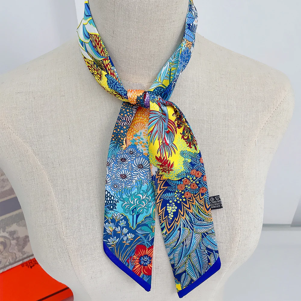 Koreanischen Stil Botanische Dschungel Pferd Druck Twill Seidenschal frauen Lange Streifen Band Haarband Krawatte Zubehör – Detail 9