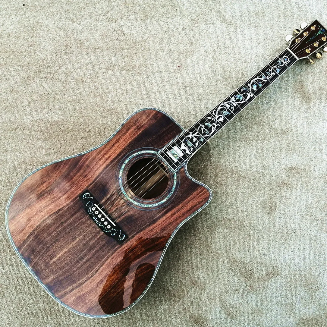 

Cutaway All Koa Acoustic Guitar Real Abalone Inlay Ebony Fingerboard 41" Inches D Type Guitarra