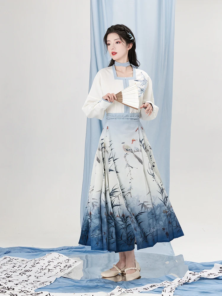 

Chi Xia[Hua Jian Shi Bamboo Shadow in the Water]Han Element Cotton Shirt with Octagonal Horse Face Improved Hanfu for Women