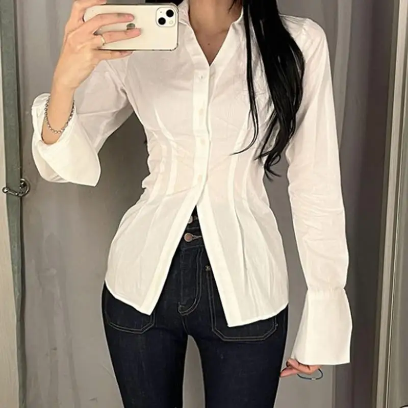 

Women Sexy Chiffon Blouses Summer Slim Button Shirts Solid Color Flare Sleeve Tops Y2k Korean Chic Tunics Office Clothes 블라우스