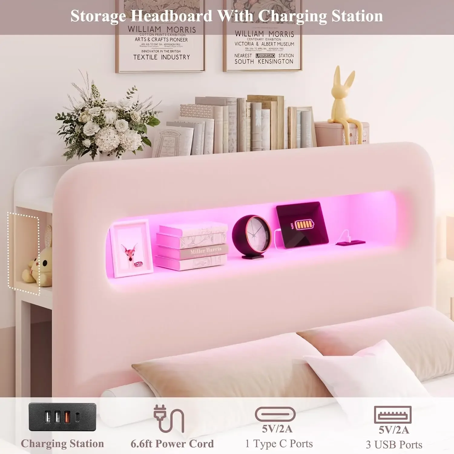 Full LED Bed Frame with Storage Headboard and Charging Station, Girls Bed Frame with 2 Drawers and USB Ports, Velvet Upholstered