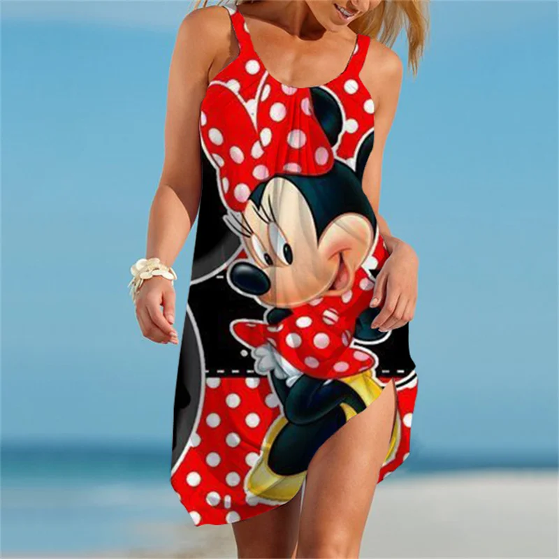

Women Minnie Mouse sleeveless Dress Summer 2023 Elegant Pleated Disney A-line Midi Dresses Female Casual Ladies