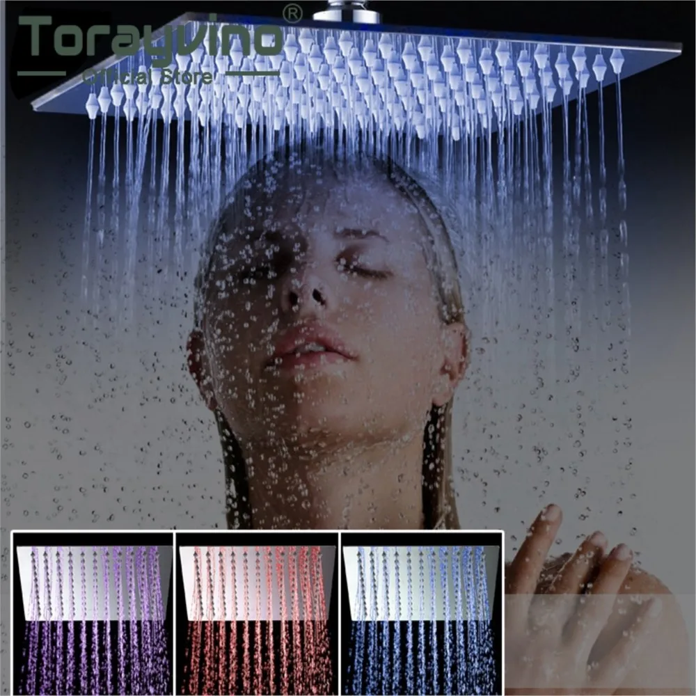 TorayvinoBathroomShowerHeadChromeLEDSquareRainfallShowerHead