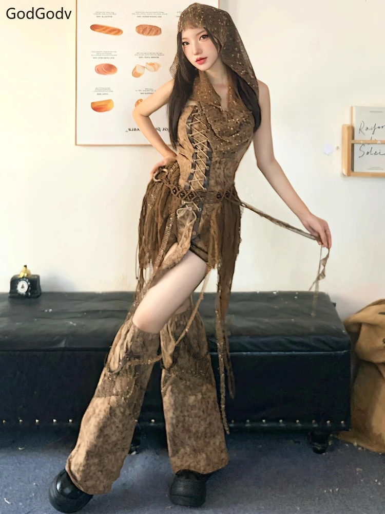 Spring Gothic Brown Vintage 3 Piece Set Women Sexy Lace Y2k Party Mini Pants Suit Female Korean Fashion Retro Designer Outfits 6