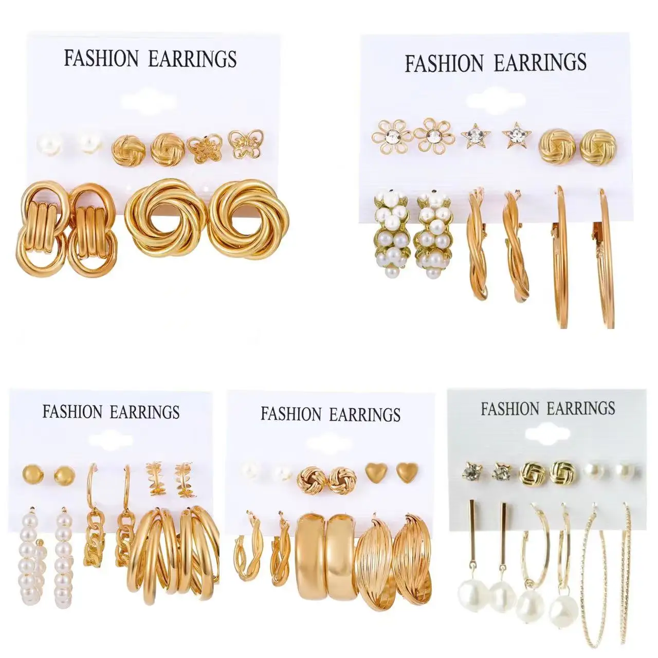 5/6 Pz/Set Classic French Pearl Twisted Line Half Circle Earring Set Statement Geometric Circle Butterfly Love Leaf Orecchini Set