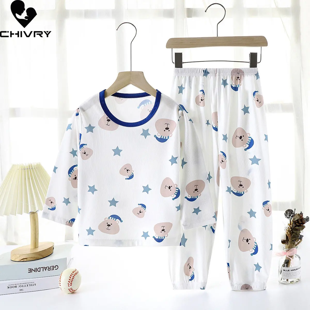 Conjuntos de pijamas finos de verano para niños y niñas, camiseta de manga larga con dibujos animados de seda de hielo, Tops con pantalones, ropa de dormir para bebé, ropa de casa, 2023