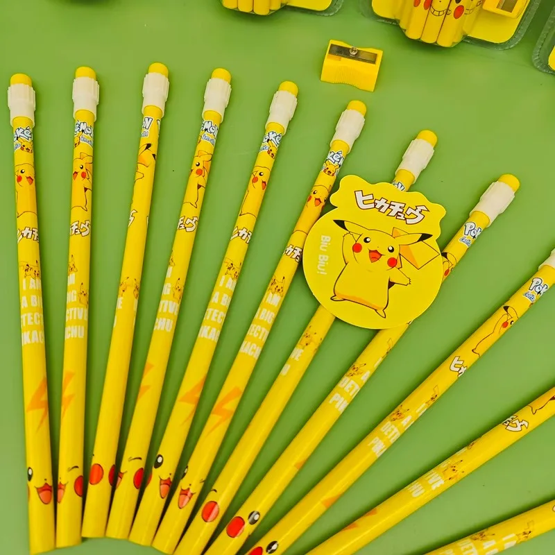 12pcs/box Pokemon Pencil Set with Eraser Pencil Sharpener Anime Figure School Supplies Office Stationery Tools Kawaii Gifts Toys