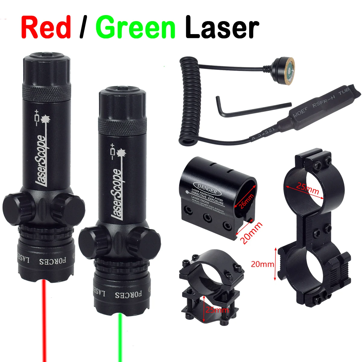 

Tactical Red Green Laser Scope Dot Sight Adjustable Switch 532nm Laser Pointer Rifle Gun Scope Rail Barrel Pressure Switch Mount