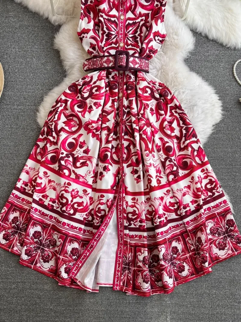 Description Picture 5 of itemHikigawa Chic Fashion Women Summer Vintage Turn Down Collar Sleeveless Dresses Belted Slim Waisat Blue White Print Vestidos