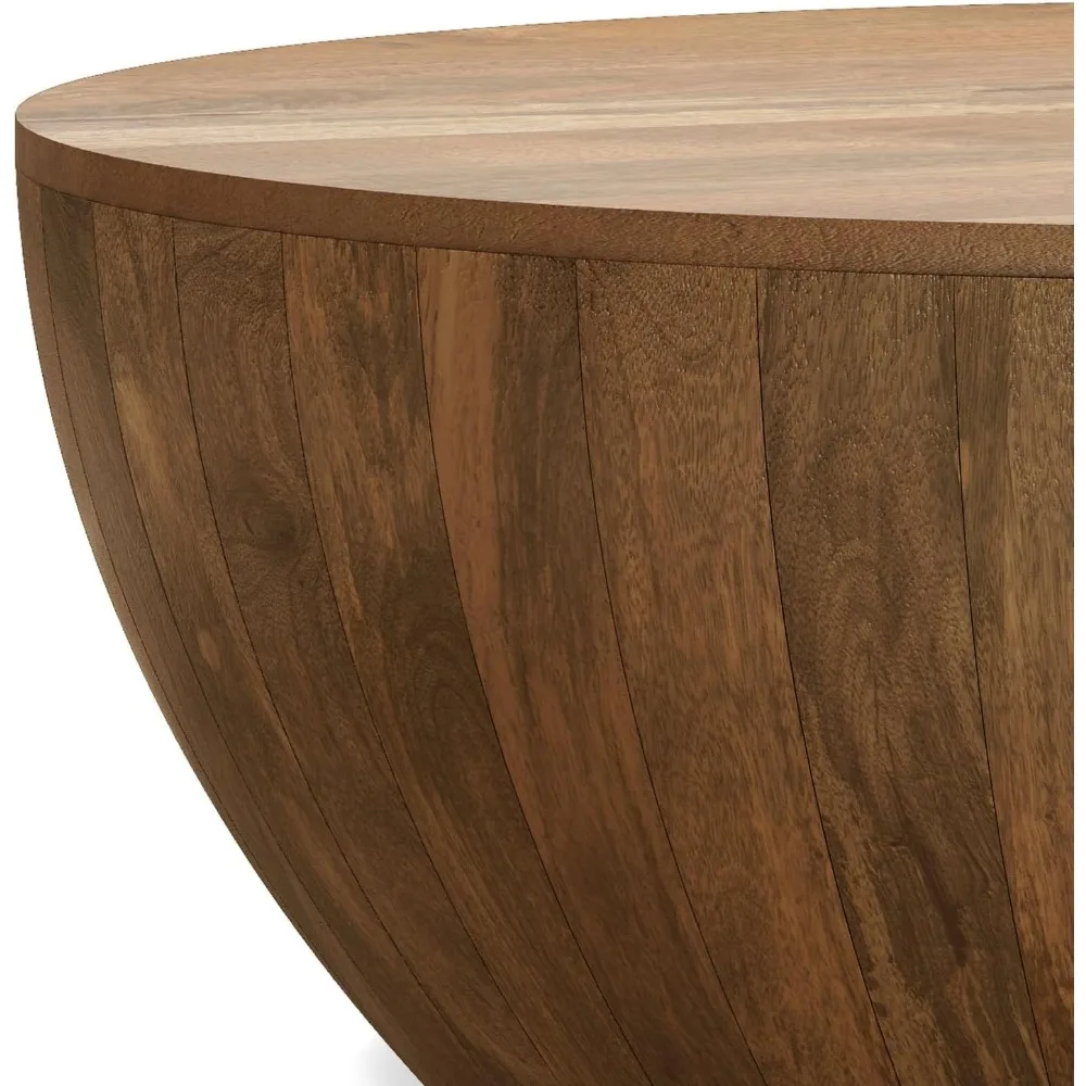 Solid Mango Wood Modern Industrial 34 Inch Wide Drum Coffee Table in Natural, Fully Assembled 4