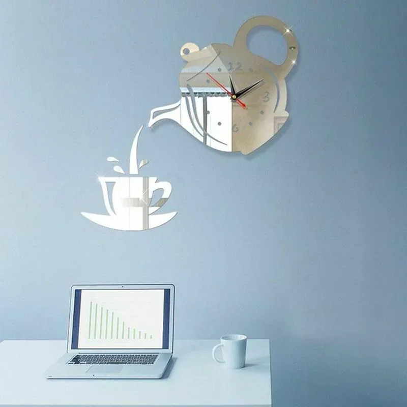 Creative Coffee Cup Teapot 3D Acrylic Wall Clock For Office Home Kitchen Dining Living Room Decoration