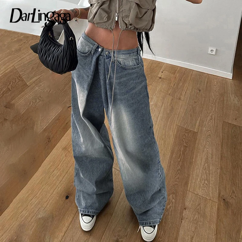 

Женские винтажные джинсы Darlingaga Y2K, простые плиссированные прямые джинсовые брюки в стиле Харадзюку, штаны в Корейском стиле