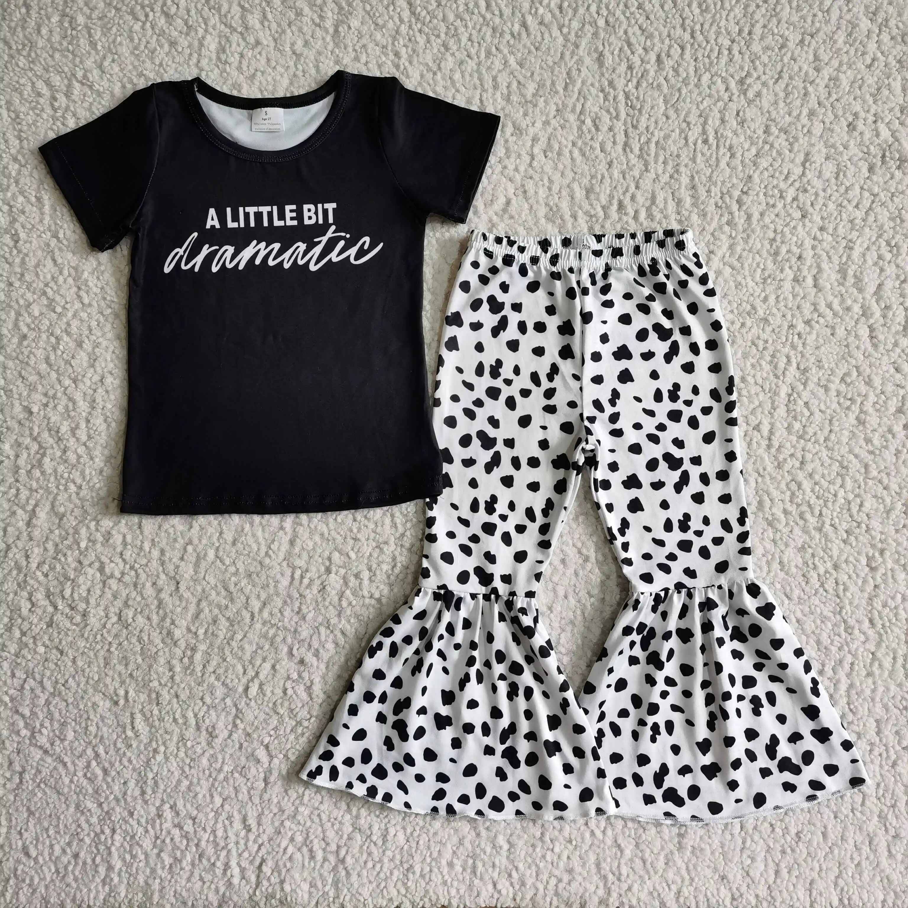 

girl black short sleeve shirt match elastic waist bell bottom 2pieces set