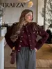 TRAFZA Women Vintage Wine Red Coat O Neck Long Sleeve Single Breasted Jacket With Pockets Autumn Casual Office Lady Outerwear 1