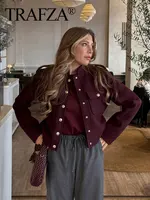 TRAFZA Women Vintage Wine Red Coat O Neck Long Sleeve Single Breasted Jacket With Pockets Autumn Casual Office Lady Outerwear 1