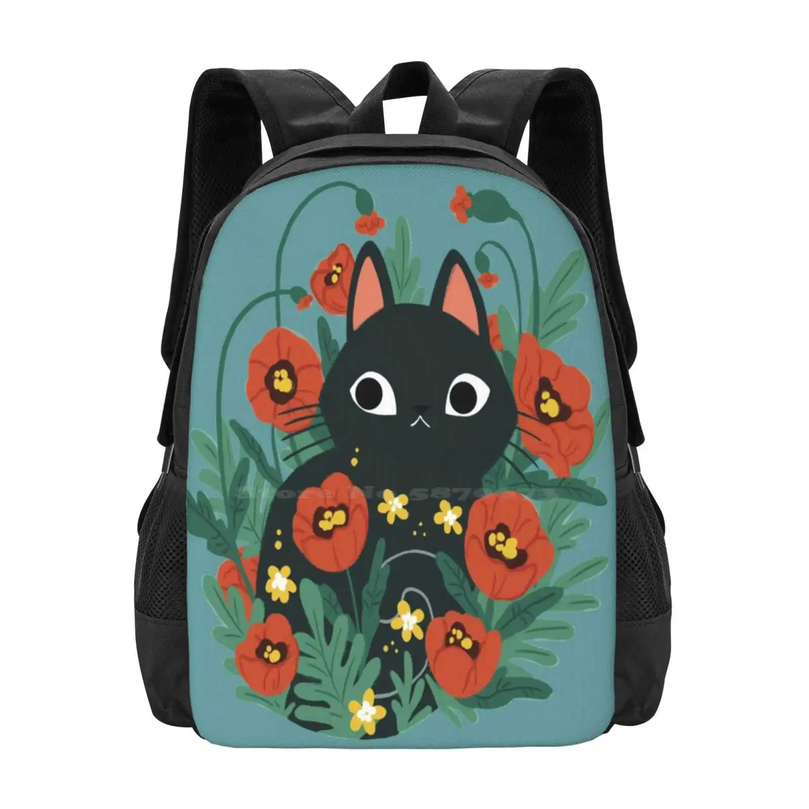 Cat In Poppy Flowers Bag Zaino Per Uomo Donna Ragazze Adolescente Gatto Nero Catflowers Daisy Garden Folkcat Love Crazy Cat Lady