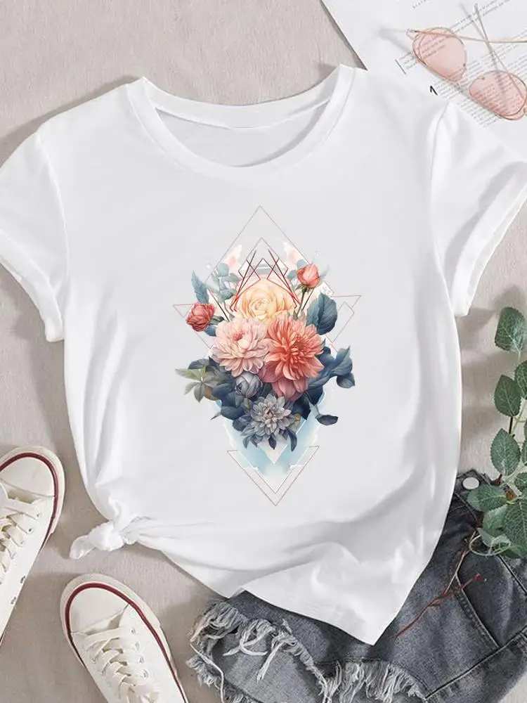 

Модная футболка для женщин, женская одежда с коротким рукавом, Милая футболка с рисунком акварелью и цветами 90-х, топ с принтом, одежда, футболка