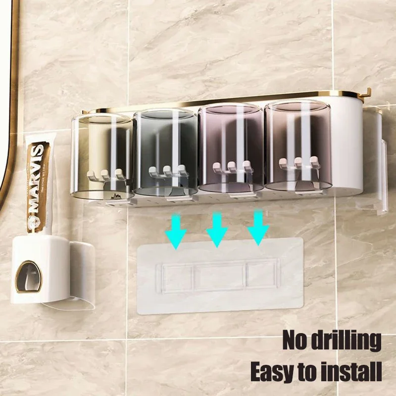 Toothbrush Holder Wall Mounted Toothpaste Squeezer Wall Mount Home Bathroom Cup Storage Rack Without Drilling Shaver Dispenser