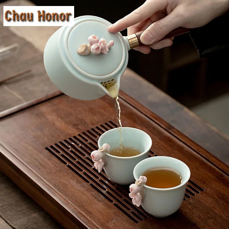 210ml Handmade Knead Pink Plum Blossom Ceramic Teapot Boutique Azure Ru Kiln Celadon Tea Maker Pot With Filter Kung Fu Teaware