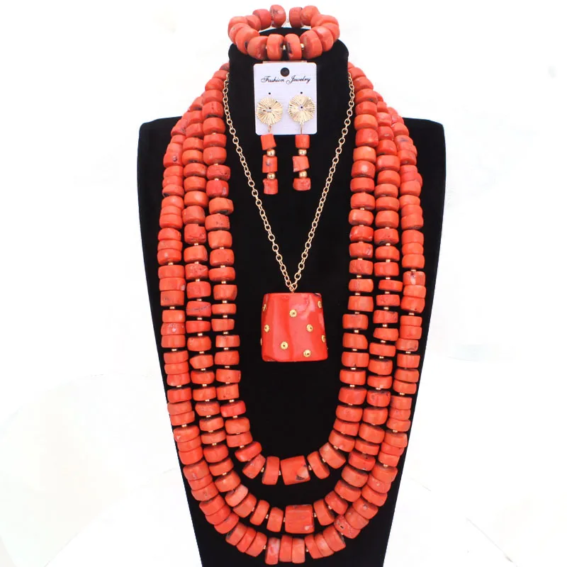 

Dudo 2022 Trendy African Big Coral Beads Jewelry Set For Nigerian Wedding Women 4 Layers Necklace With Earrings and Bracelet