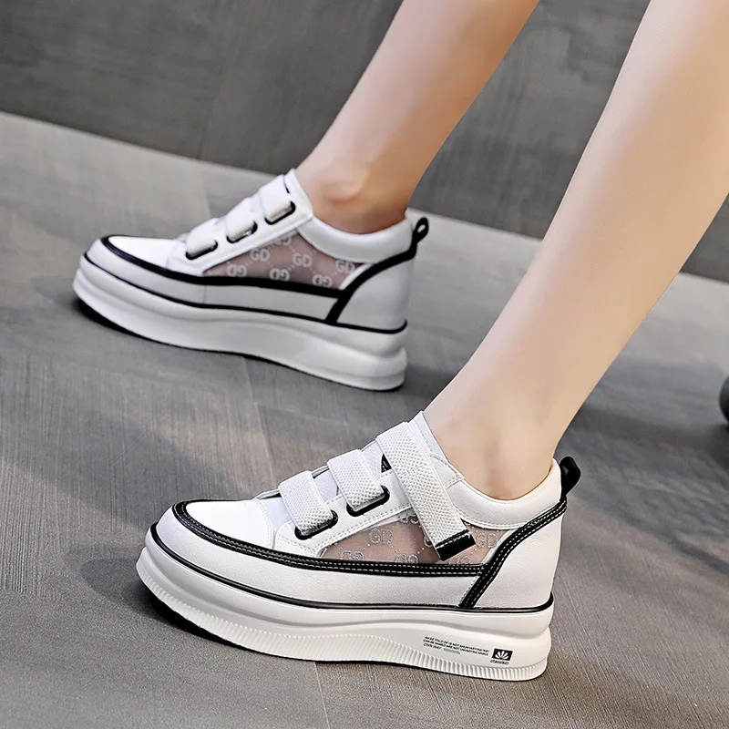 

Inner Heightened Leather Women's Shoes Thick Bottom Mesh Breathable Ins TrendWomen's Sneaker Zapatos De Plataforma Mujer Moda