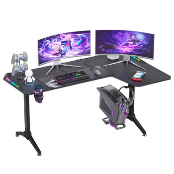 L Shape Corner Desk Game Table with 6 Colors RGB Light Headphone Hook and Cup Holder