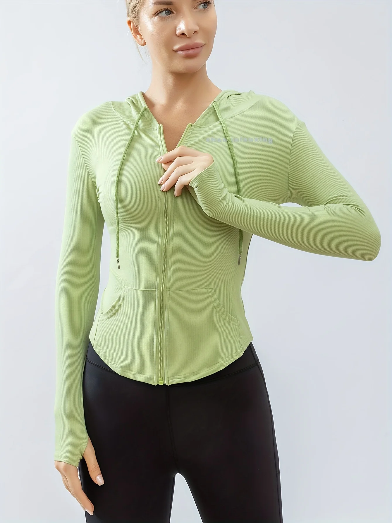 Zip Up Kangaroo Pocket Hoodie, Casual Solid Long Sleeve Drawstring Hoodie, Women's Clothing
