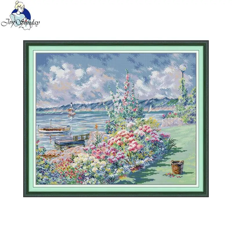 JoySunday Kits de punto de cruz de impresión de pintura de Costa de flores, tela Aida, 16ct, 14ct, 11CT, aguja de artesanía folclórica DIY, juego de bordado hecho a mano