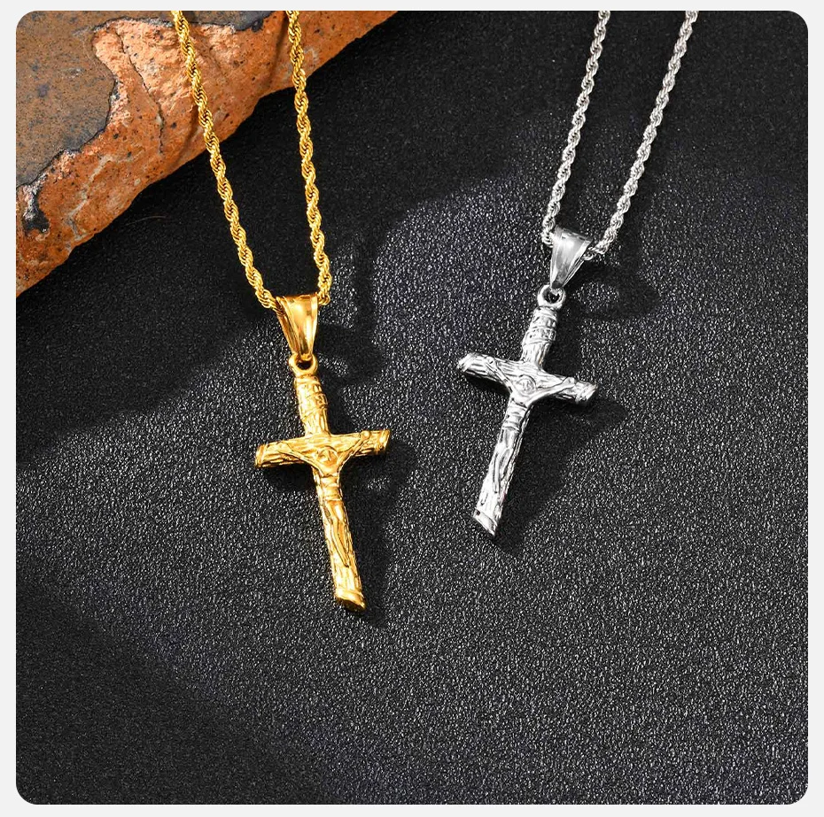 Vnox Katholische Kreuz-Anhänger-Halskette für Männer und Frauen, Edelstahl, gedrehte Seilkette, Gold, Silber, Farbe, Glaube, religiöser Schmuck – Detail 5