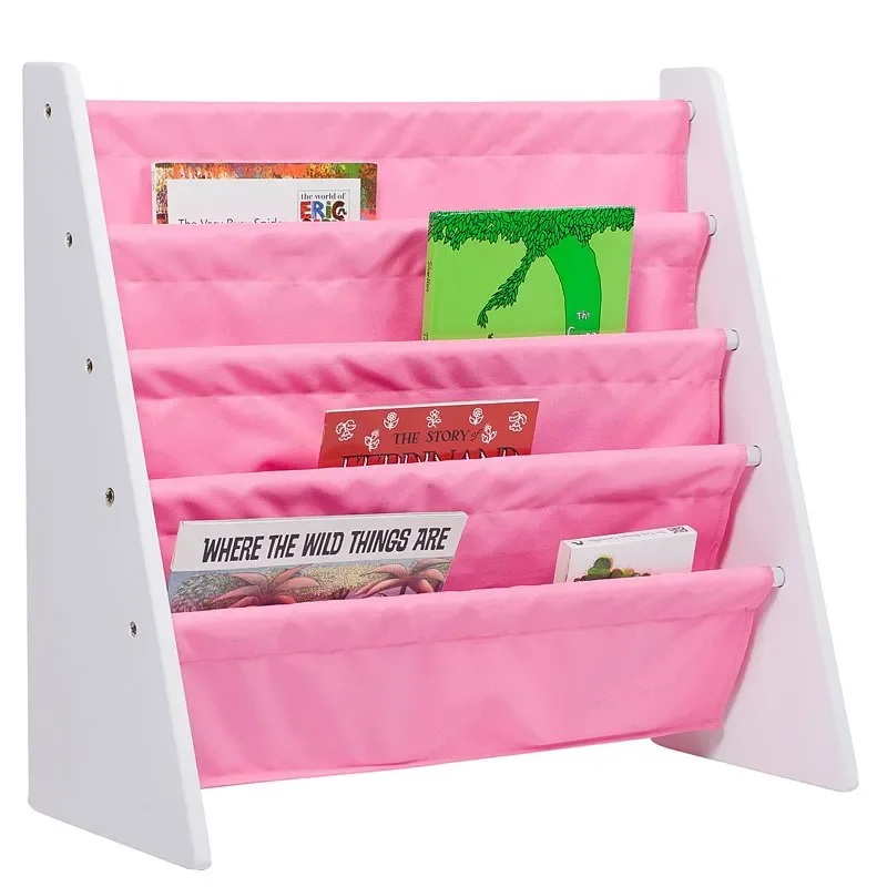 

Canvas Sling Book Shelf for Boys and Girls, Wooden Design Features Four Shelves - White w/ Pink