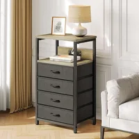 Nightstand with Charging Station, Bedside Table with LED Lights, Side Table with Fabric Drawers, Tier Storage Night Stand Table 2