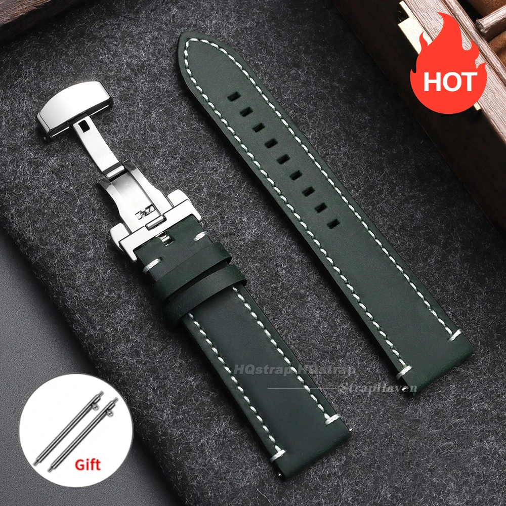 Vintage Leather Watch Strap with Butterfly Buckle - Premium Business Wristband Accessory
