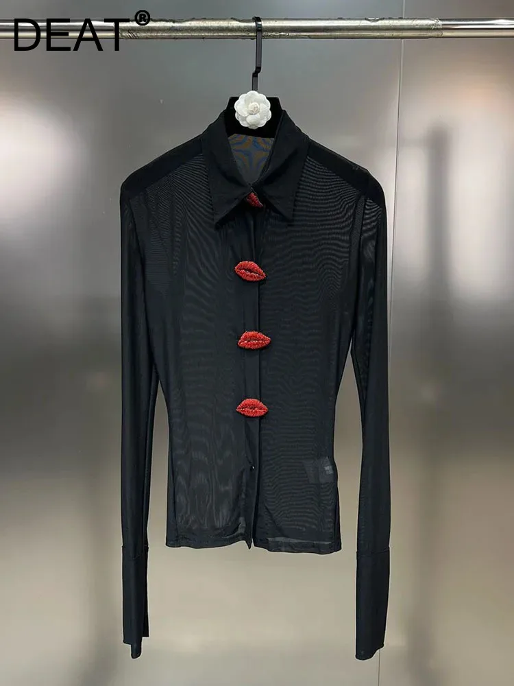 

Женская трикотажная блузка с отложным воротником DEAT, модная прозрачная рубашка с длинными рукавами и отложным воротником, 11XX7643, зима 2023