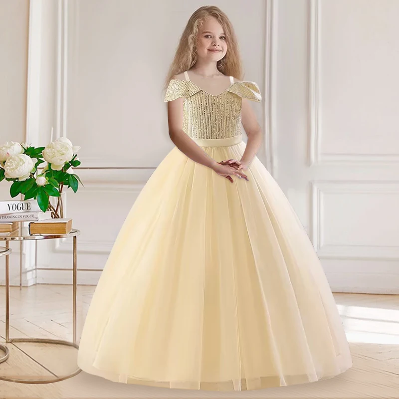 

2023 New Sequin Robe Princess Dress Halloween Sequin Tulle Party Dress Summer Girls One Shoulder Wedding Dress Children's Wear