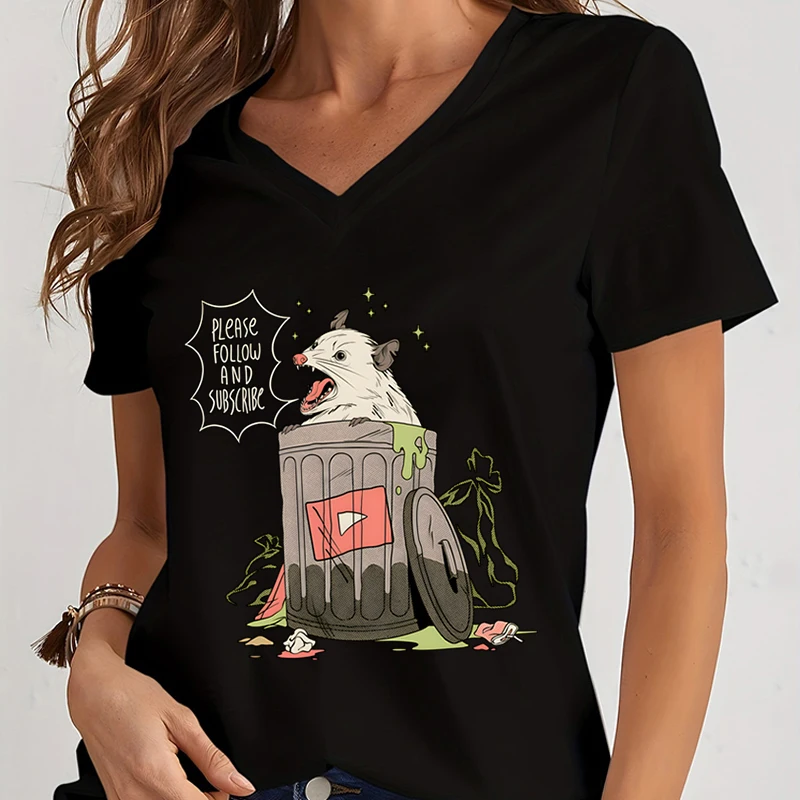 

Новая трендовая женская футболка с забавными графическими буквами, следуйте и Подписывайтесь на Opossu, футболка для девочек с V-образным вырезом и короткими рукавами, Повседневная забавная женская футболка