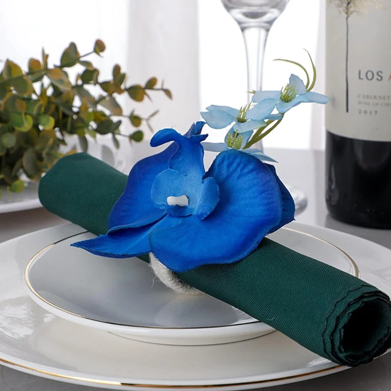 Handmade Orchid Flower Napkin Rings Blue Flower Holders Handcraft Serviette Buckles Rings 6PCS for Wedding Table Decor